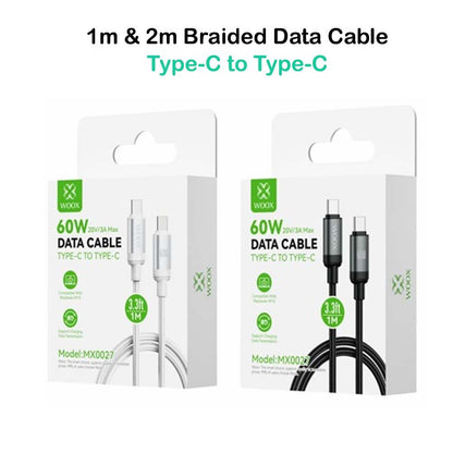 Woox Type C to Type C Braided Data Cable, 60W 20V/3A Max, 1m/2m, White/Black