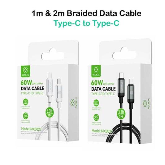 Woox Type C to Type C Braided Data Cable, 60W 20V/3A Max, 1m/2m, White/Black