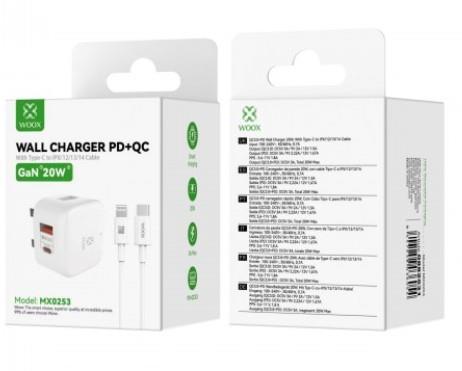 WOOX MX0253 20W PD+QC Home Charger with Type-C to Lightening Fast Cable, 5V 3A, White