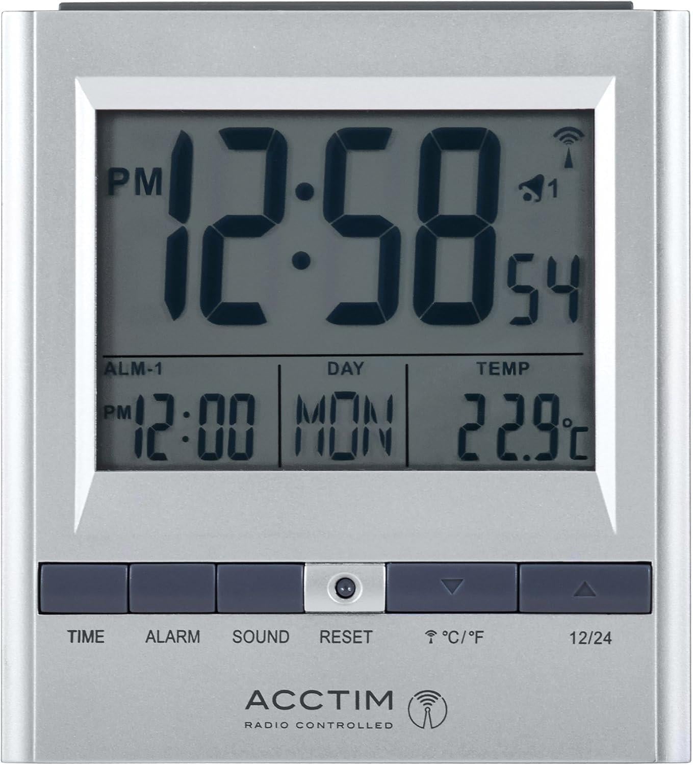 Acctim Radio Controlled Digital LCD Alarm Clock in Silver