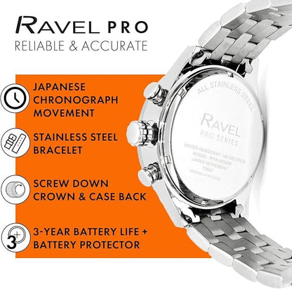 Ravel Mens Fashion 100m Water Resistant Chronograph Dated Dial Silver Plated Bracelet Watch RPR-MB Available Multi Colors