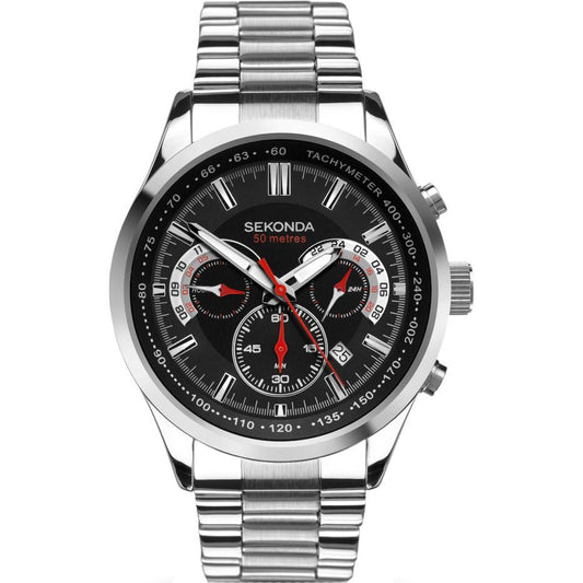 Sekonda Mens Dated Chronograph Black Dial silver stainless steel Bracelet Watch 1402