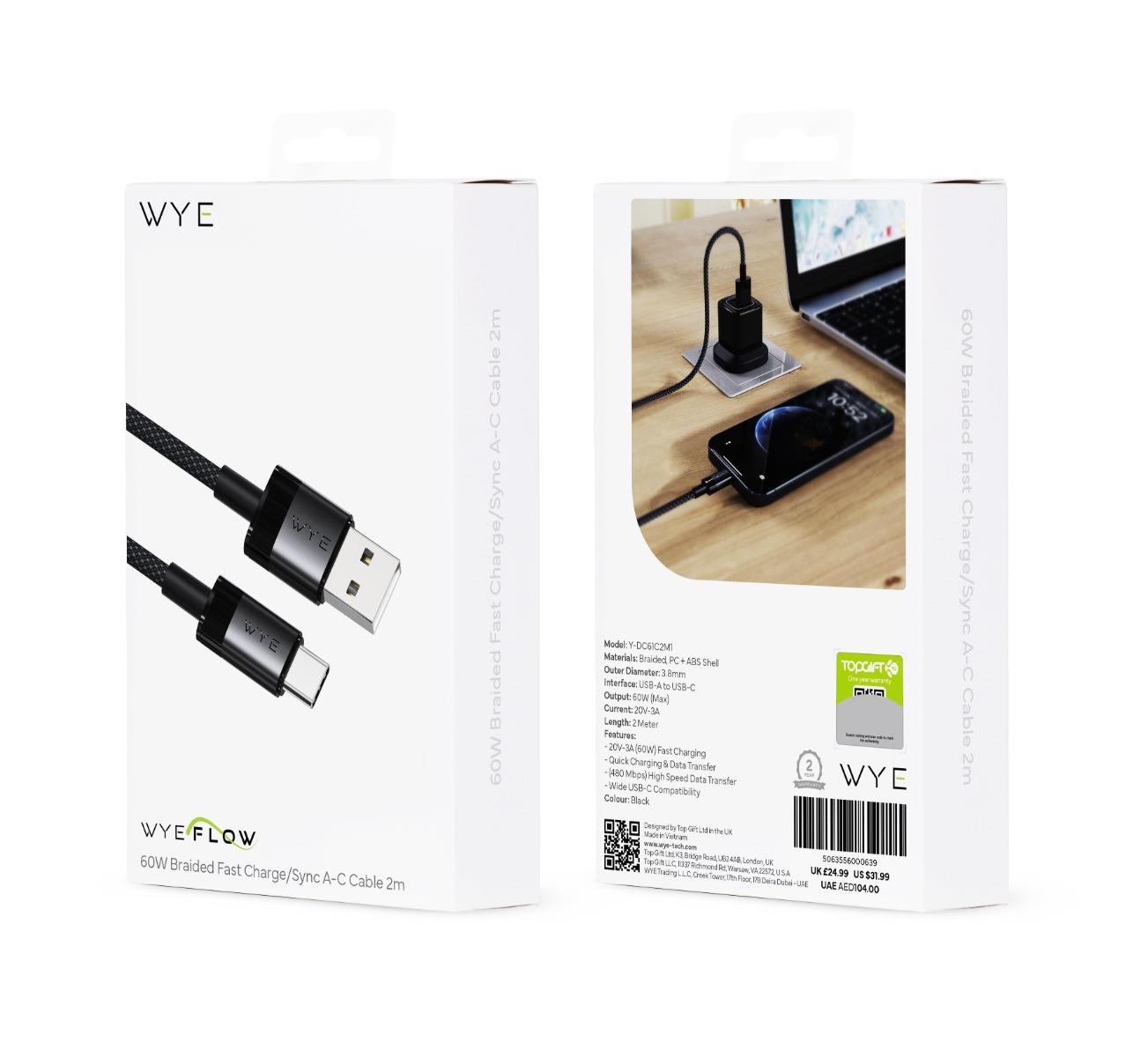 WYE 60W Braided Fast Charge/Sync A-C Cable 2m