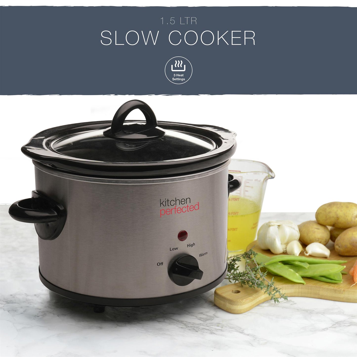 KitchenPerfected Slow Cooker Round 1.5Ltr - Stainless Steel E3016SS