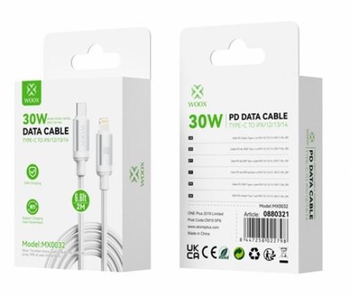 Woox Type C to Lightning Braided Data Cable, 30W - 5V/3A, 9V/3A, 15V/2A, 20V/1.5A Max, 1m/2m, White/Black