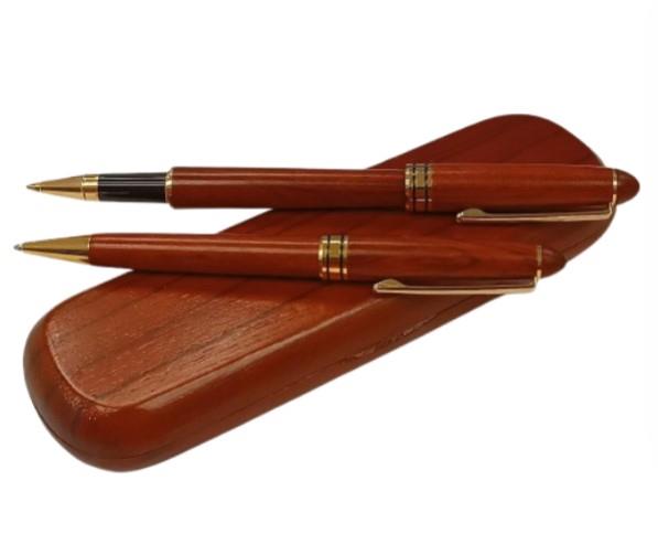 Imperial Wooden Dark Brown Gold Trim 2 Ball Pens With Handmade Wooden Box Gift Set IMP310R - CLEARANCE MIGHT NEEDS RE-REFILL