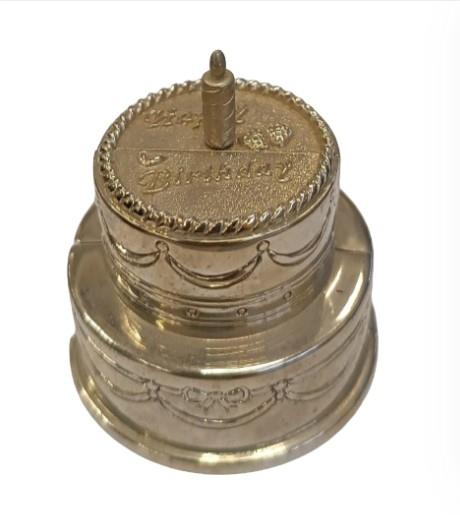 Miniature Clock Happy Birthday Cake Silvertone Plated Solid Brass IMP1007S - CLEARANCE NEEDS RE-BATTERY