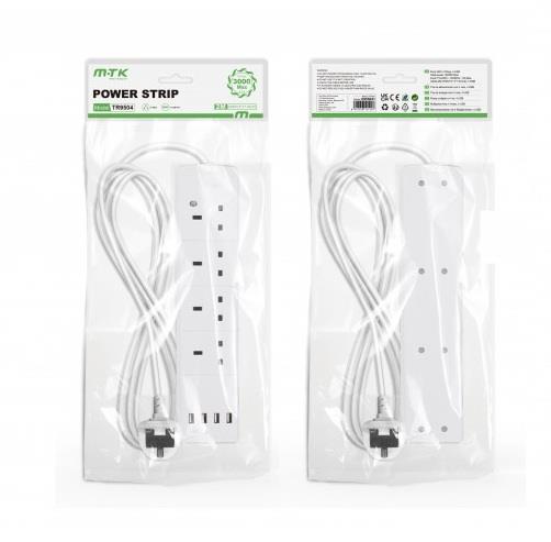 2 Meter 4 Gang UK Extension cord with 4 USB A, 13A, White