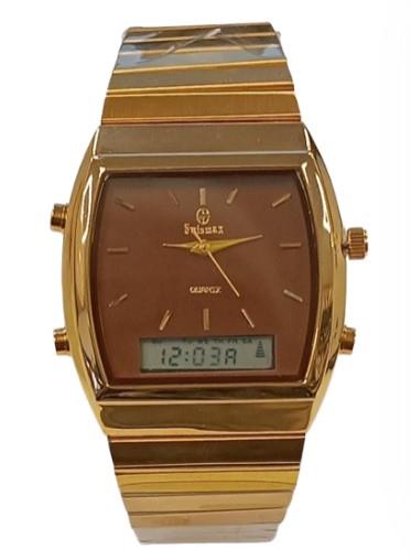 Swismax Ladies Duel Time Water Resistant Brown Dial Gold Metal Strap Watch