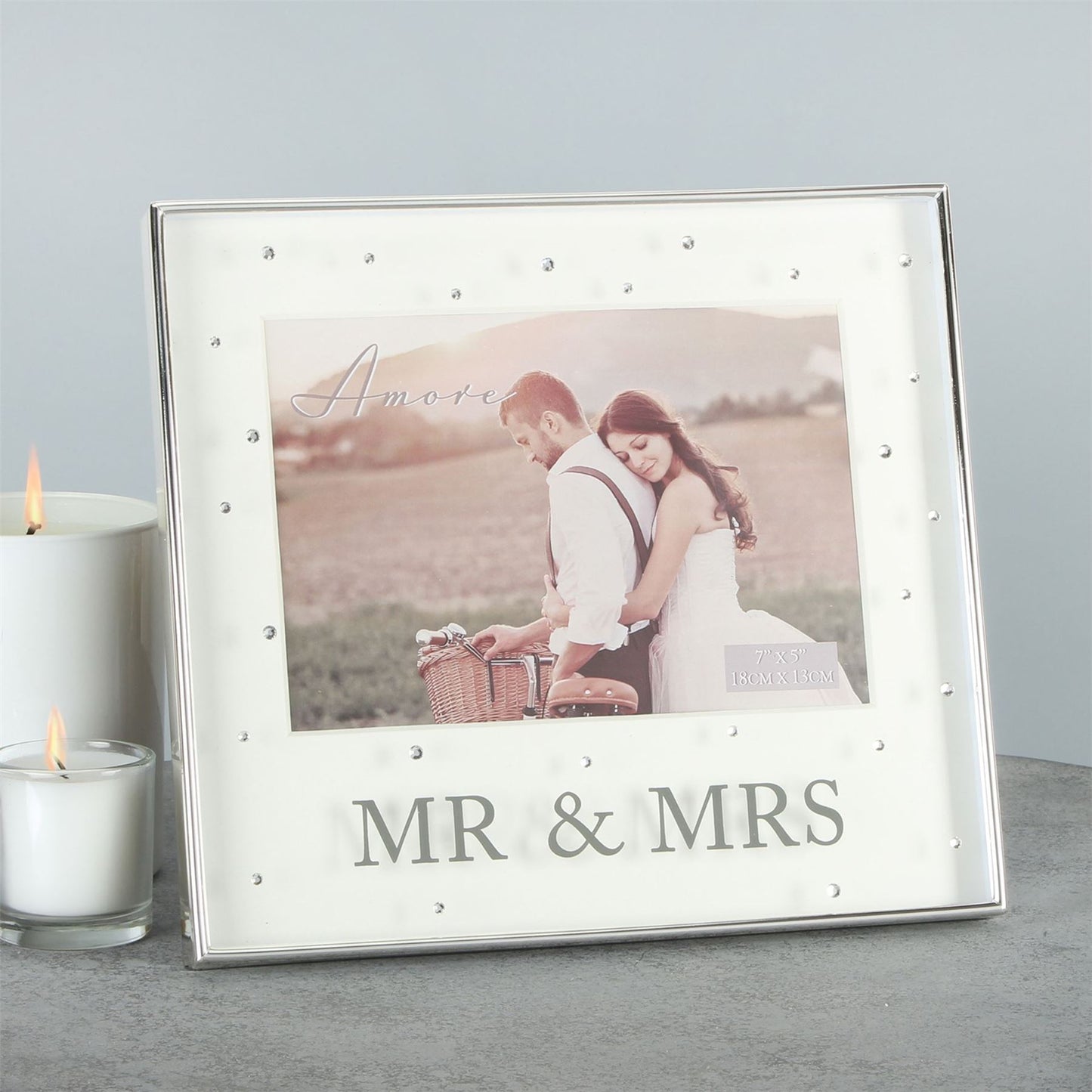 Amore Silverplated Box Frame with Crystals 7" x 5" Mr & Mrs