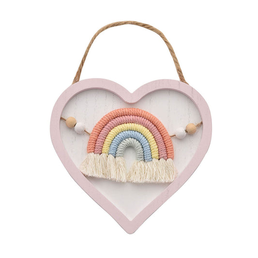 Petit Cheri Wooden Heart Macrame Rainbow Wall Plaque Pink