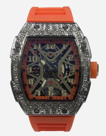 New Rubber Gents Silver Bling Fashion Quartz Movement Dated Skeleton Clear Dial Rubber Strap Watch Available Multi Colour NY London