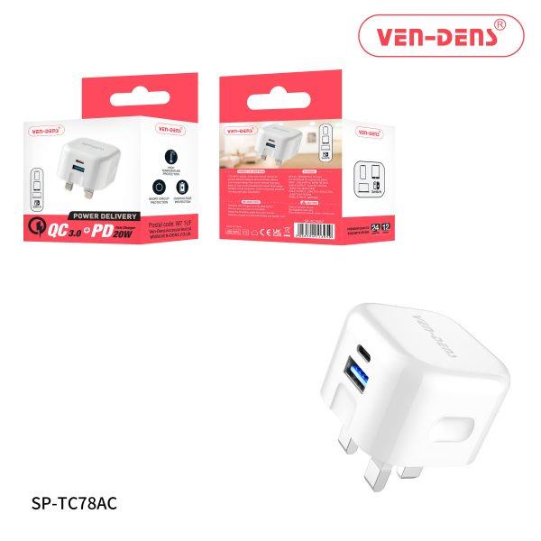 Ven-Dens Dual Port QC 3.0 + PD 20w Fast Charger Wall Plug - Compatible with iPhone 16 Series