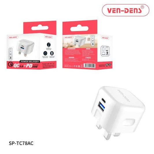 Ven-Dens Dual Port QC 3.0 + PD 20w Fast Charger Wall Plug - Compatible with iPhone 16 Series