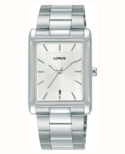Lorus Mens Basic Fashion Rectangular Date Silver Dial Silver Stainless Steel Bracelet Watch RH937RX9