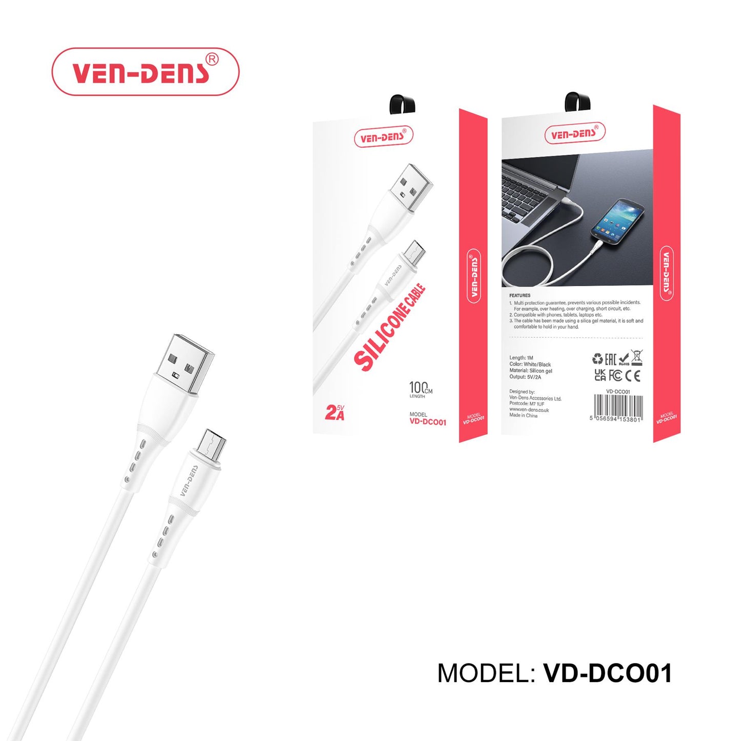 Ven-Dens 2A 5V Silicone Cable USB A To Micro USB Cable