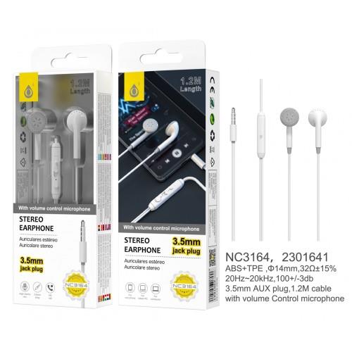 Wired Earphone Nice, with Multifunction Button & Volume control, 1.2M, White