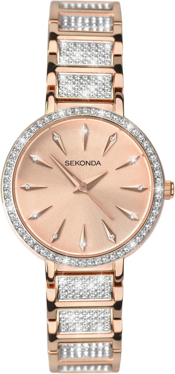 Sekonda Seksy Ladies Bling Brilliance 31mm Round Rose Gold Stone Set Analogue with Two Tone Jewelled Bracelet Watch