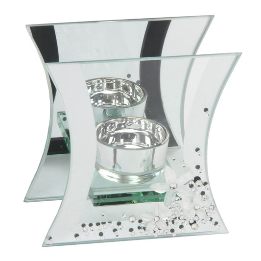 Hestia Mirror Glass & Crystal Tea Light Holder Flute Shaped