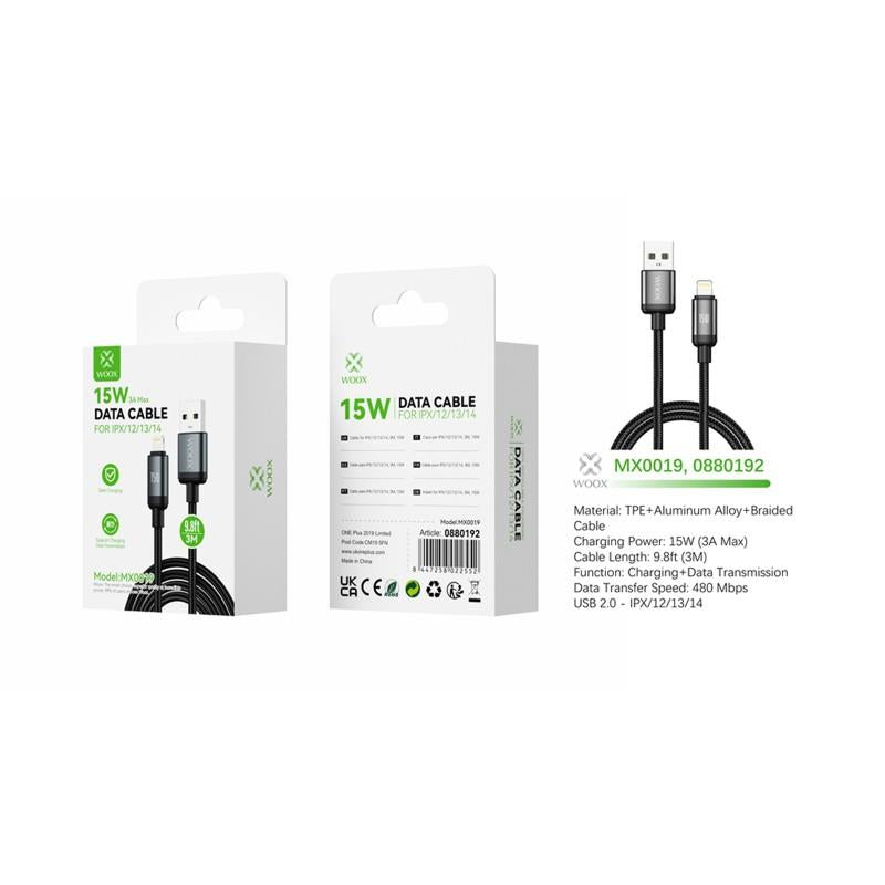 Woox USB to Lightning Braided Data Cable, 15W 3A Max, 9.8ft 3m, White/Black