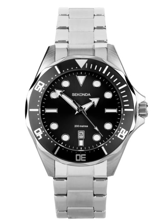 Sekonda Mens Basic Fashion Dated 43mm Black Dial Stainless Steel Bracelet Watch 30095
