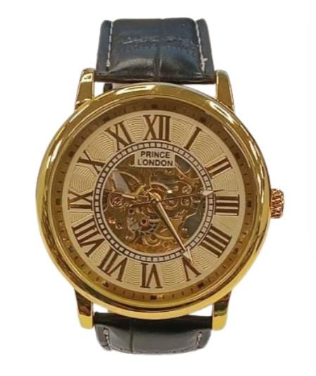 NY London Mens Automatic Dial Analogue Gold/Black Leather Strap Watch