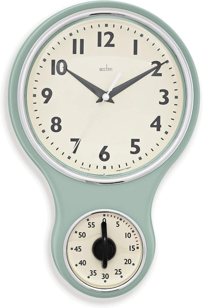 Acctim Kitchen Time 20cm Timer Quartz Retro Style Domed Glass Lens Wall Clock Available Multi Colour