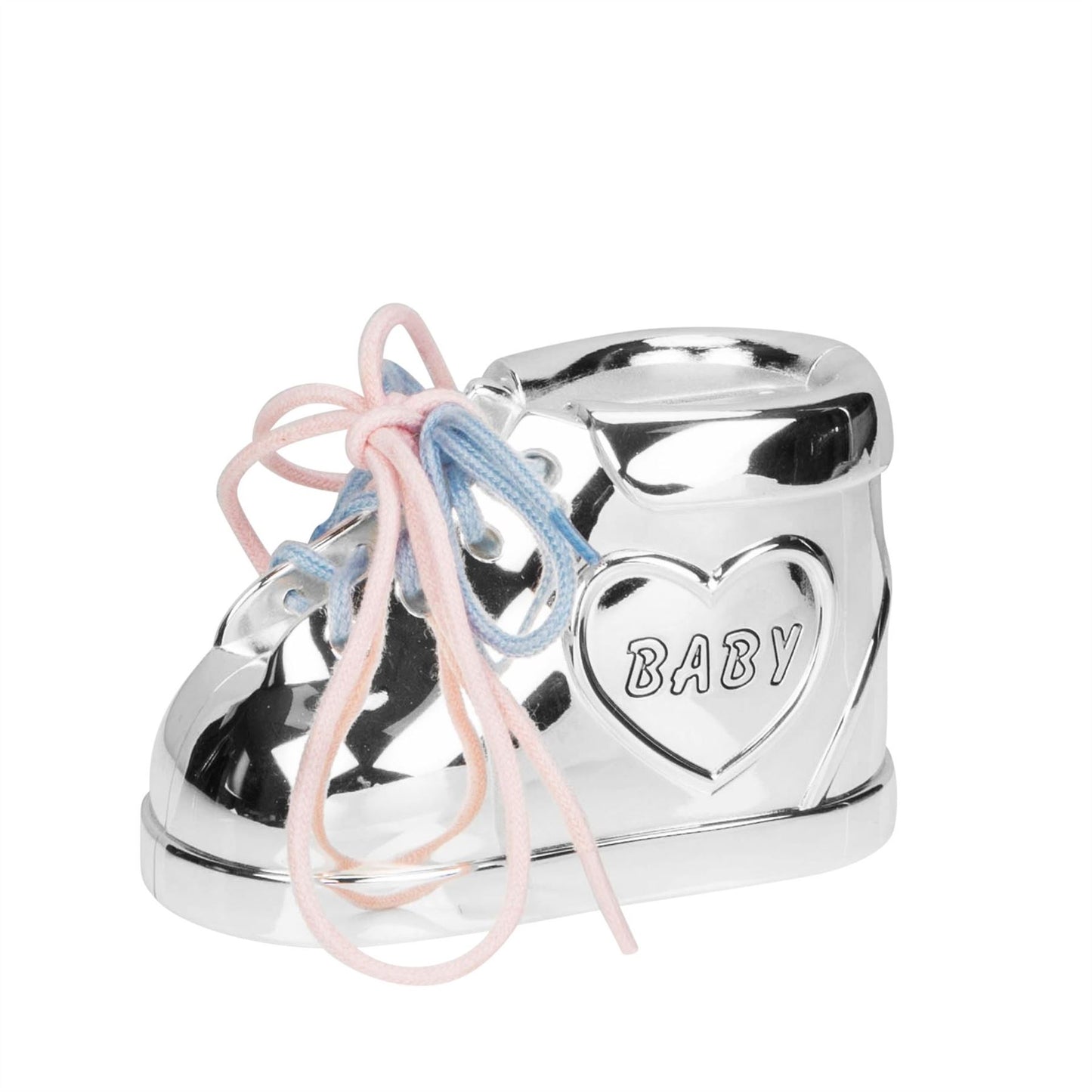 Bambino Silver Plated Baby Bootie Money Box Pink & Blue Lace