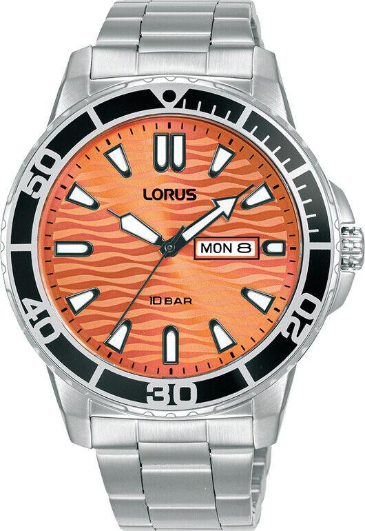 Lorus Mens Sports Day Date Orange Dial Seigaiha-mon With Stainless Steel Bracelet Watch RH361AX9