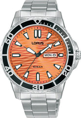 Lorus Mens Sports Day Date Orange Dial Seigaiha-mon With Stainless Steel Bracelet Watch RH361AX9