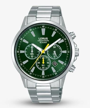 LORUS Mens Chronograph Fashion Dated Green Sunray Dial Yellow Accents Stainless Steel Bracelet Strap Watch