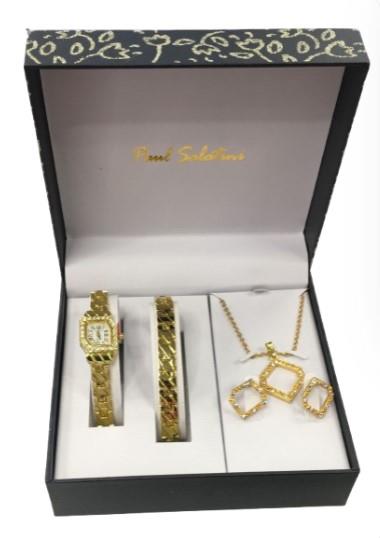 Paul Salatini Ladies Bling White Dial Gold Barcelet, Necklace, Earring with Watch Gift Sets 8085-WH-G