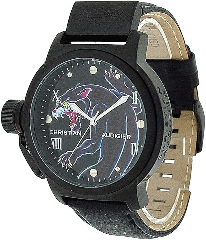 CHRISTIAN AUDIGIER Mens Black/Blue Panther Dial with Black Leather Strap Watch - CLEARANCE NEEDS RE-BATTERY