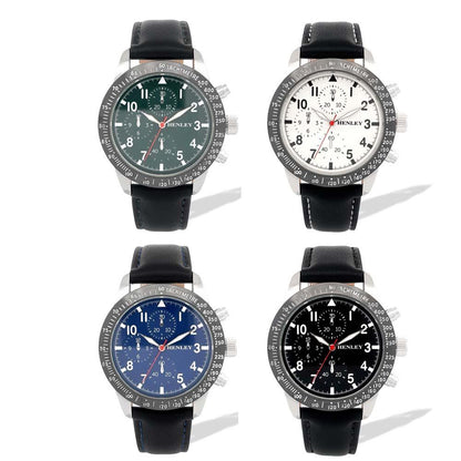 Henley Mens Faux Leather Pilot Watch with Gun Top Ring - Blue/Green/Silver/Black