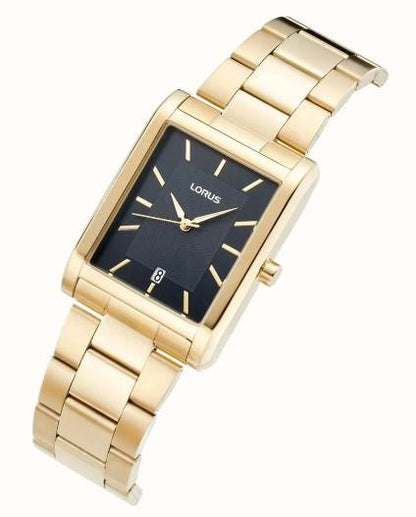 Lorus Mens Basic Fashion Rectangular Date Black Dial Gold tone Stainless Steel Bracelet Watch RH938RX9