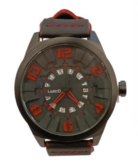 Clasico Mens Sports Water Resistant Day/Date Red/Black Dial Black Leatherr Strap Watch