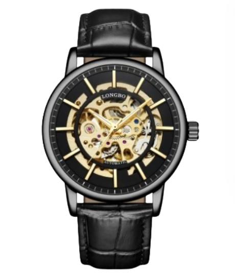 Longbo Mens Automatic Hollow mechanical Dial Analogue Gold Black Leather Strap Watch