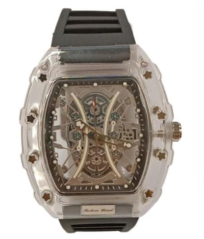 New Rubber Gents Clear Fashion Quartz Movement Skeleton Clear Dial Rubber Strap Watch Available Multiple Colour
