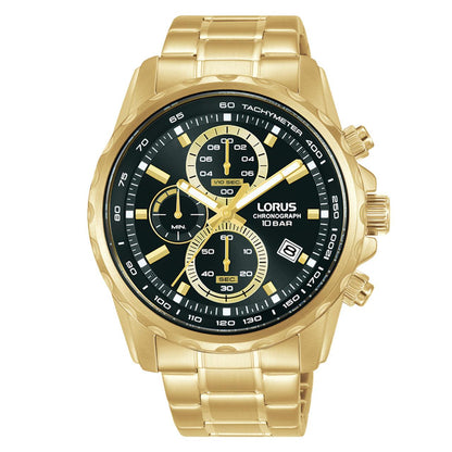 Lorus Mens 43mm Chronograph Tachymeter Quartz Dated Black Dial Golden Steel Bracelet Watch