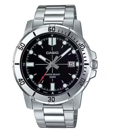 Casio Mens Silver Stainless Steel Black Dial Analogue Watch MTP-VD01D-1EVUDF