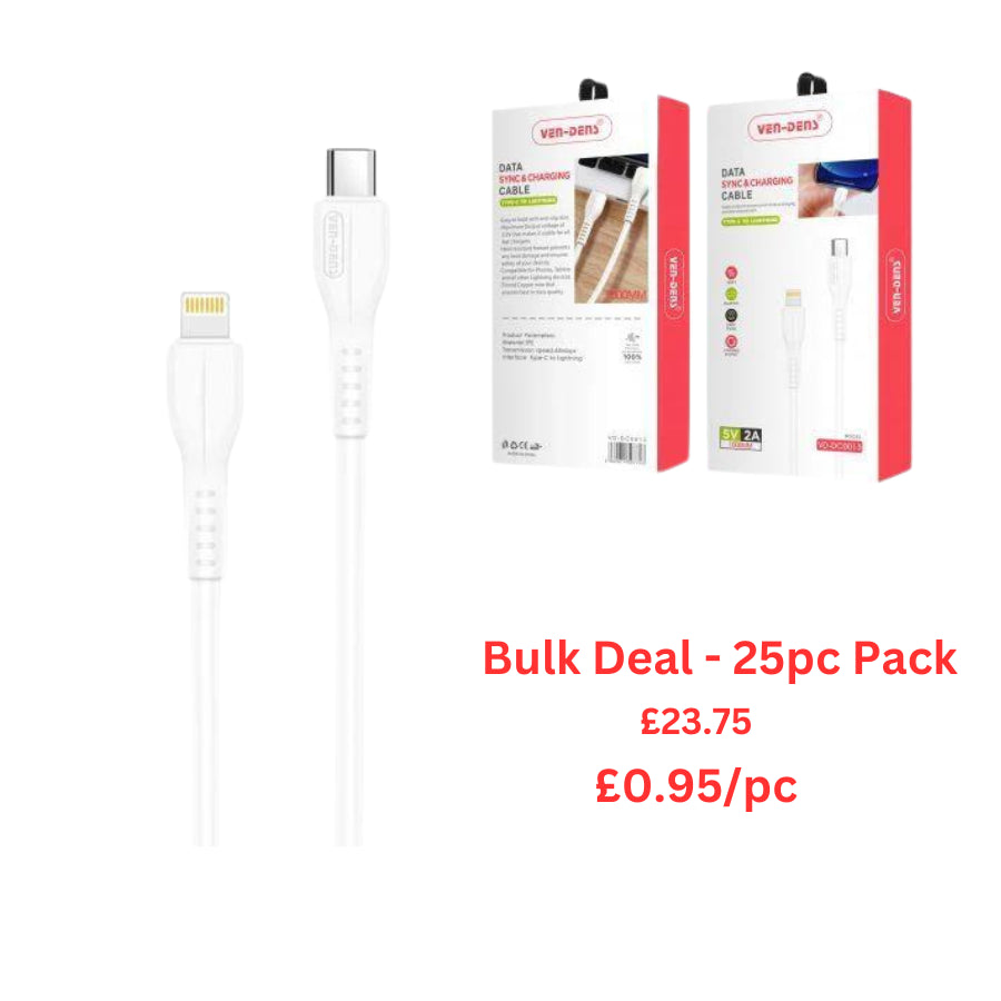 Ven-Dens Type C to Lightning Fast Charging Cable 2A Bulk Deal - 25pc Pack - Compatible with Iphones