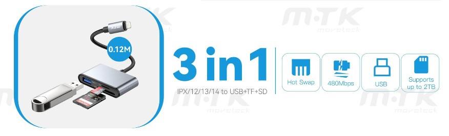 M.TK Adapter OTG 3 in 1 IPX/12/13/14 to USB + TF + SD