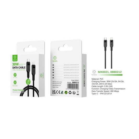 Woox MX0021 Type C to Lightning PVC Data Cable, 30W, 3.3ft 1m, Black