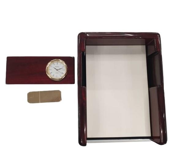 Miniature Clock With Brown Notepad Holder Solid wood IMP201 - CLEARANCE NEEDS RE-BATTERY