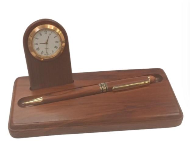 Imperial Miniature Desk Clock with Wood Matt Brown Gold Trim Ball Pen IMP302 Clock Gift Set - CLEARANCE NEEDS RE-BATTERY & Refill
