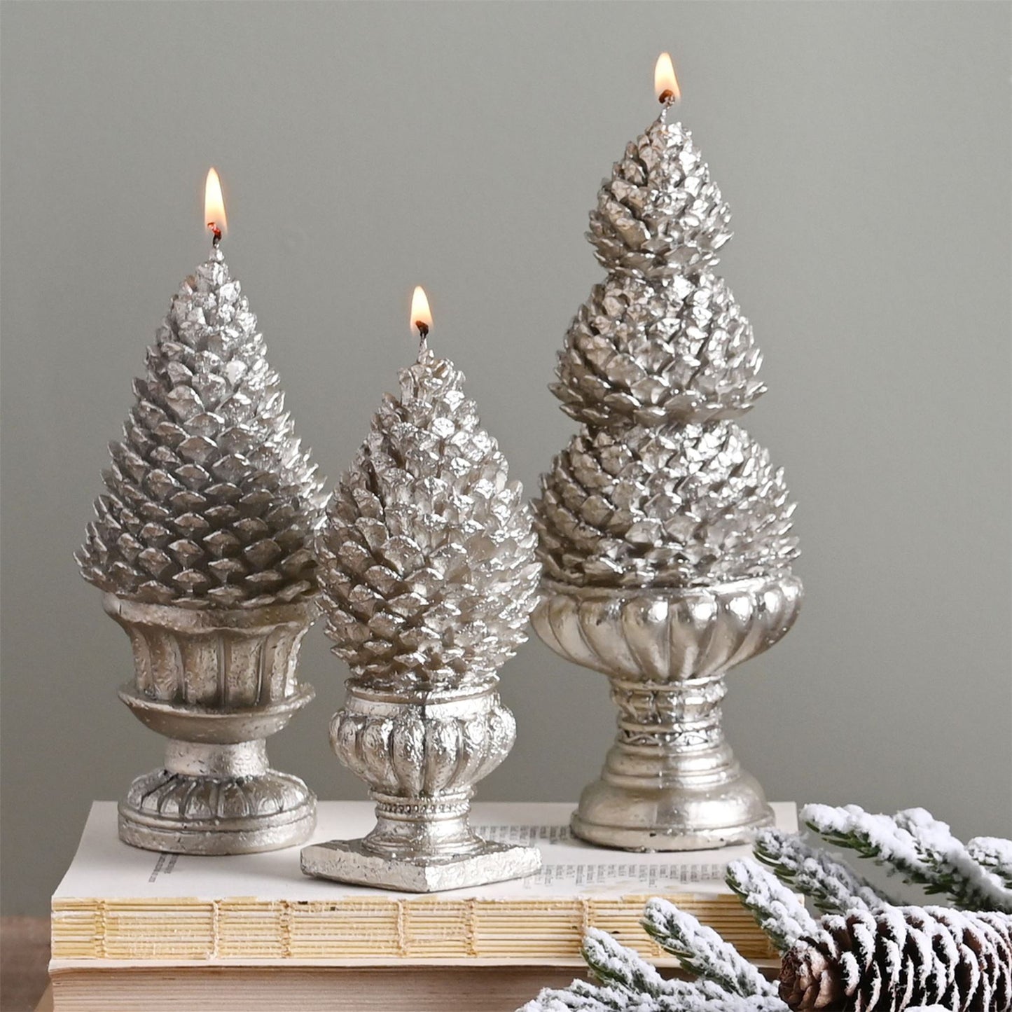 Silver Pinecone Candles Set of 3