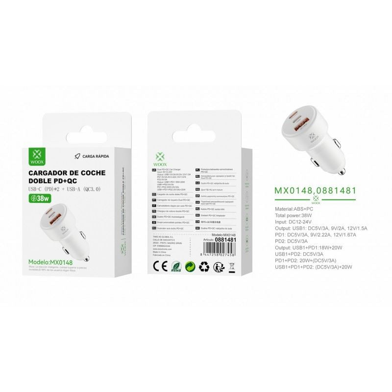 Woox Dual PD+QC Car Charger 38w Quick Charge White
