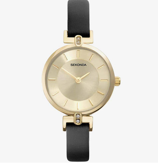 Sekonda Ladies Fashion Black Strap Gold Dial Watch 40385