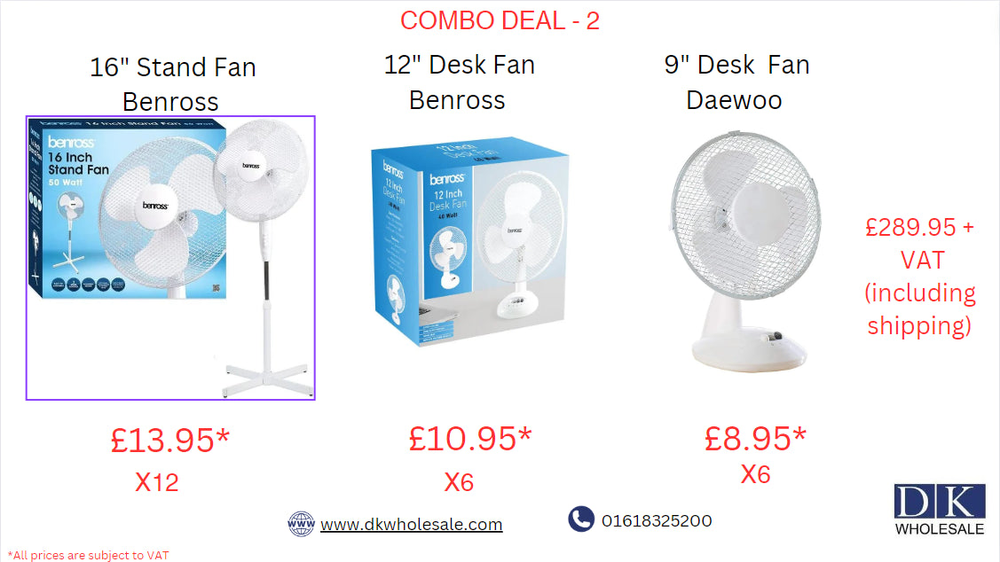 16" Stand Fan Benross X 12  +  12" Desk Fan Benross X 6 +  9" Desk Fan Daewoo X 6