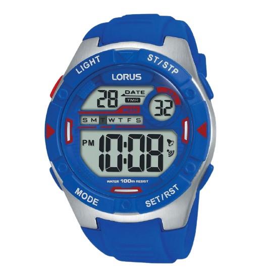 Lorus Mens Sports Digital Alarm Blue Rubber Strap Watch R2301NX9